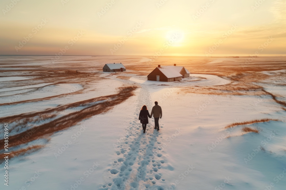 Couple in love walks through snow-covered field Couple in love walks through snow-covered field