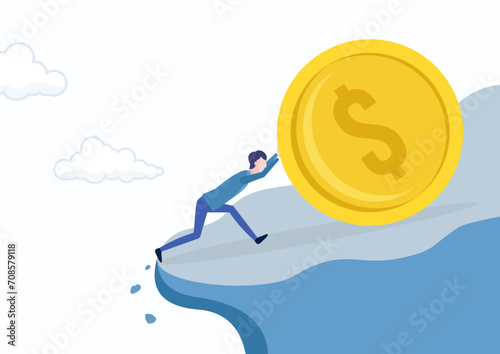 Debt, loan payment or mortgage problem, financial failure or investment risk, bankruptcy, spending or money mistake concept, frustrated businessman try so hard to push huge money coin from the cliff.