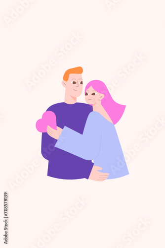 Valentine's Day greeting card. February 14. Simple greeting card with characters. Valentines day poster in flat style. Romantic сouple on valentines day