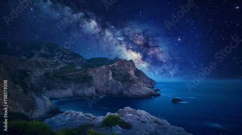 夏の夜、美しい山々と青い海の上に天の川GenerativeAI © enopi