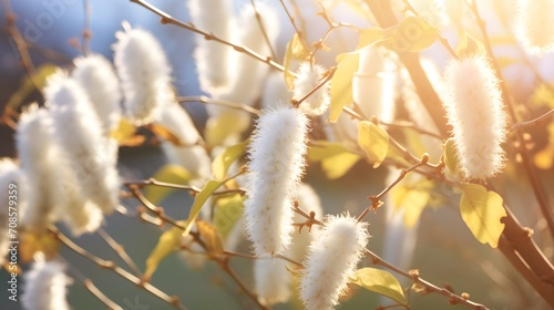 Beautiful springtime nature background from blooming willow branches with fluffy catkins in sunlight. .