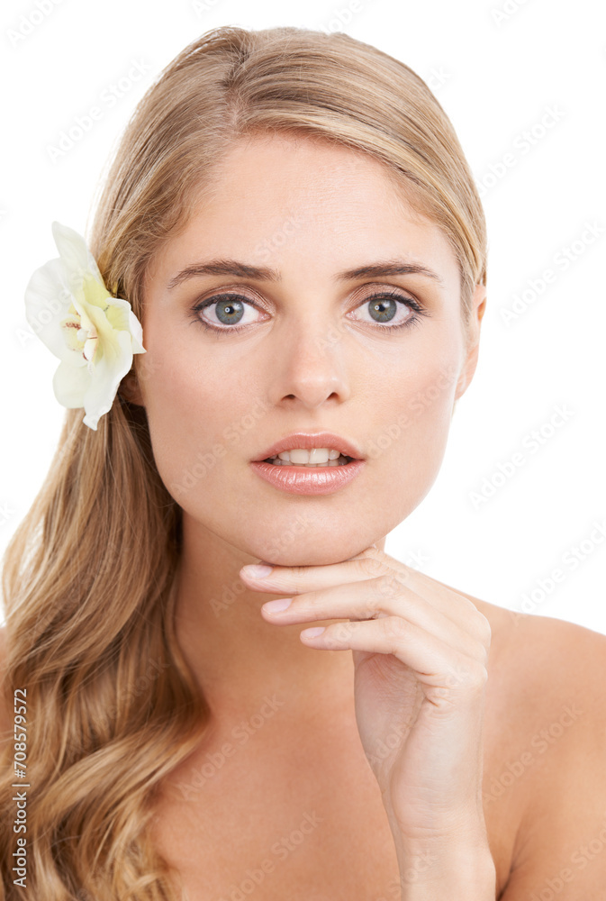 Woman, portrait and confidence in studio with flower, serious and pride for cosmetic treatment or glow. Model, person or face with hand for haircare organic skincare, or self care on white background Woman, portrait and confidence in studio with flower, serious and pride for cosmetic treatment or glow. Model, person or face with hand for haircare organic skincare, or self care on white background