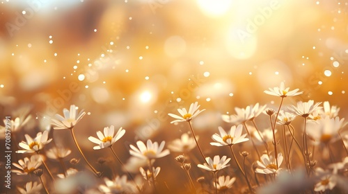 Beautiful summer autumn background with small daisy flowers with white petal and sunny lights. Artistic golden toned image of fairy meadow  macro amazing landscape. 