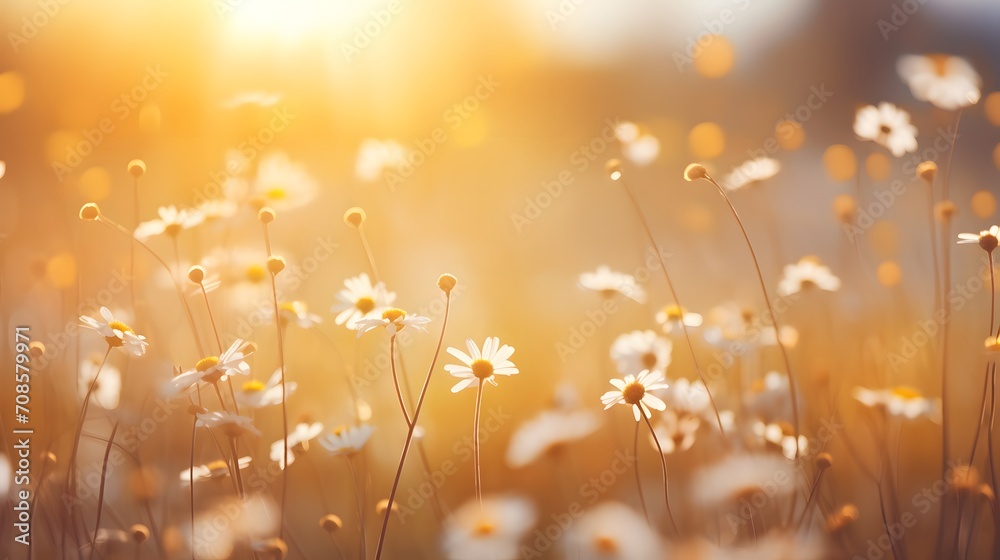 Beautiful summer autumn background with small daisy flowers with white petal and sunny lights. Artistic golden toned image of fairy meadow, macro amazing landscape.
