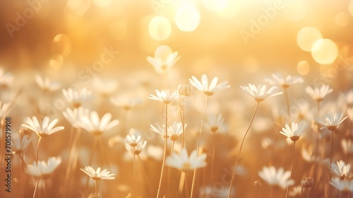 Beautiful summer autumn background with small daisy flowers with white petal and sunny lights. Artistic golden toned image of fairy meadow, macro amazing landscape.  © Ziyan Yang