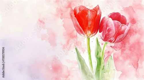 Tulips: red and pink tulips represent love and caring, valentine theme, watercolor, copy space.