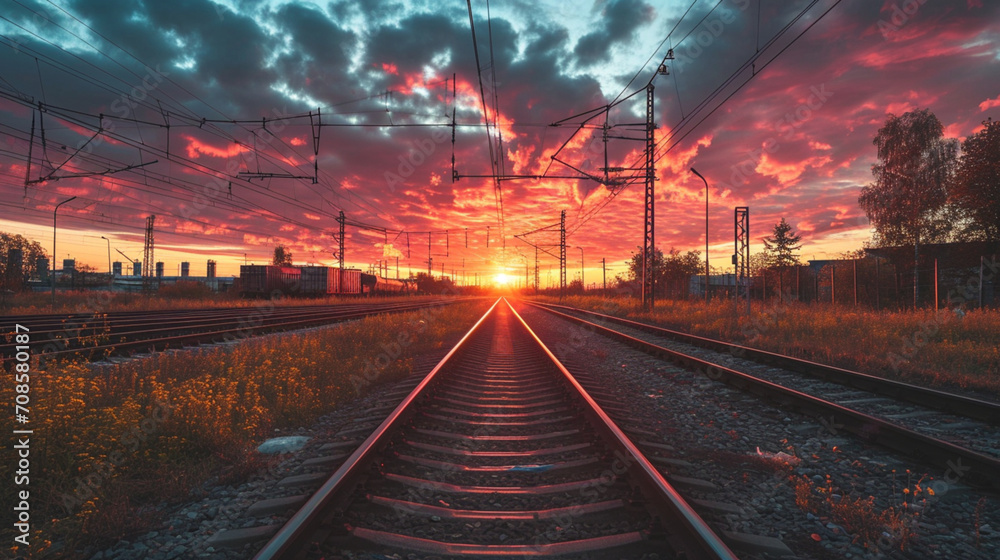 夕暮れ時の美しい空に沿った鉄道駅GenerativeAI - obrazy, fototapety, plakaty 