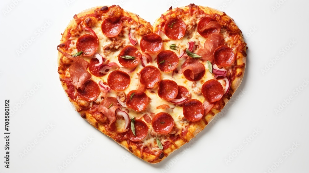 heart shaped pizza on white background for valentine