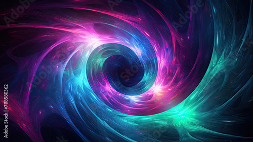 Space galaxy nebula with colorful spiral shapes and soft flowing cross hatching in dark teal and bright magenta fluorescent neon colors created with Generative AI Technology