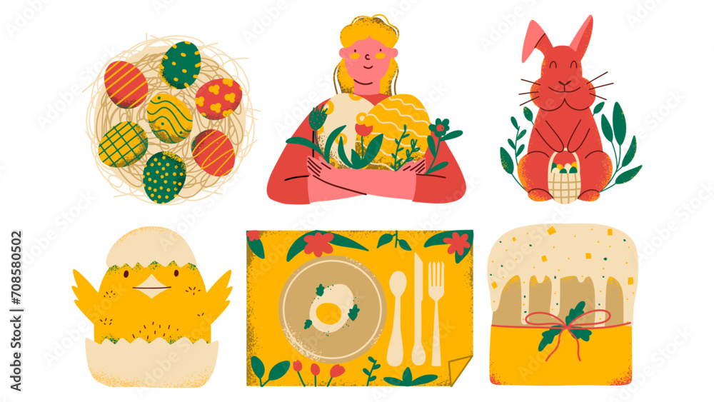 Fototapeta premium Happy Easter set with different holiday symbols. Funny bunny and eggs. Vector illustration in hand draw style.