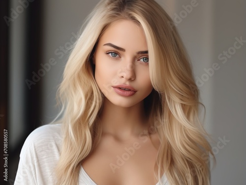 Stunning blonde woman with blue eyes and wavy hair