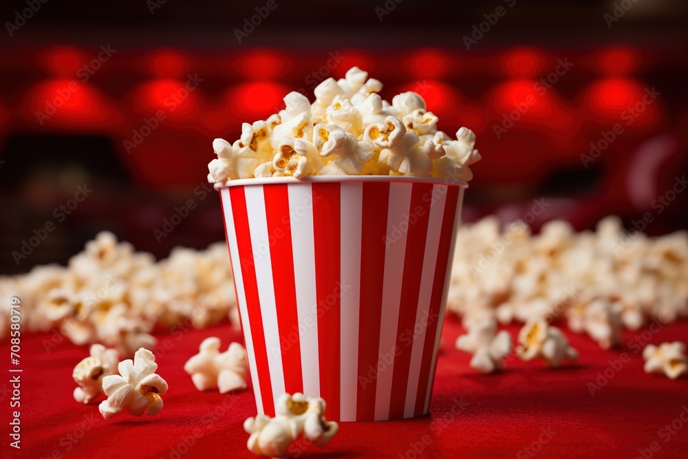 A red and white striped bucket of popcorn sits on a red table against a blurred background of red theater seats A red and white striped bucket of popcorn sits on a red table against a blurred background of red theater seats