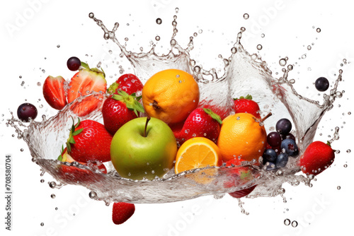 Fresh flying juicy berries and citrus fruits in drops and falling splashes