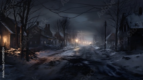 black ice - a street in the evening with the warning sign