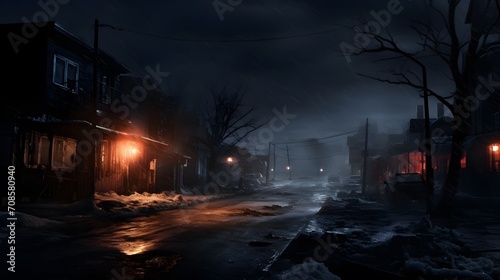 black ice - a street in the evening with the warning sign