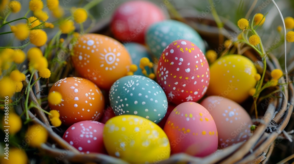 Basket Filled With Colorful Painted Eggs Basket Filled With Colorful Painted Eggs