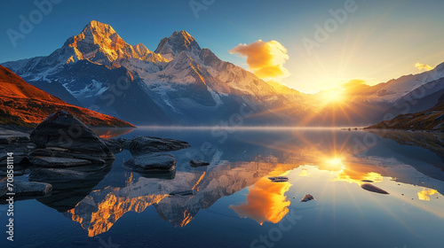 輝く山々、山の湖の石、日の出の反射、青い空、黄色い日差しのある美しい風景GenerativeAI