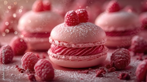 Delight in Opulent Magenta French Sweets, Accentuated by Pink Heart-shaped Cakes and Decorations, Conjuring a Romantic Ambiance for Valentine's Day
