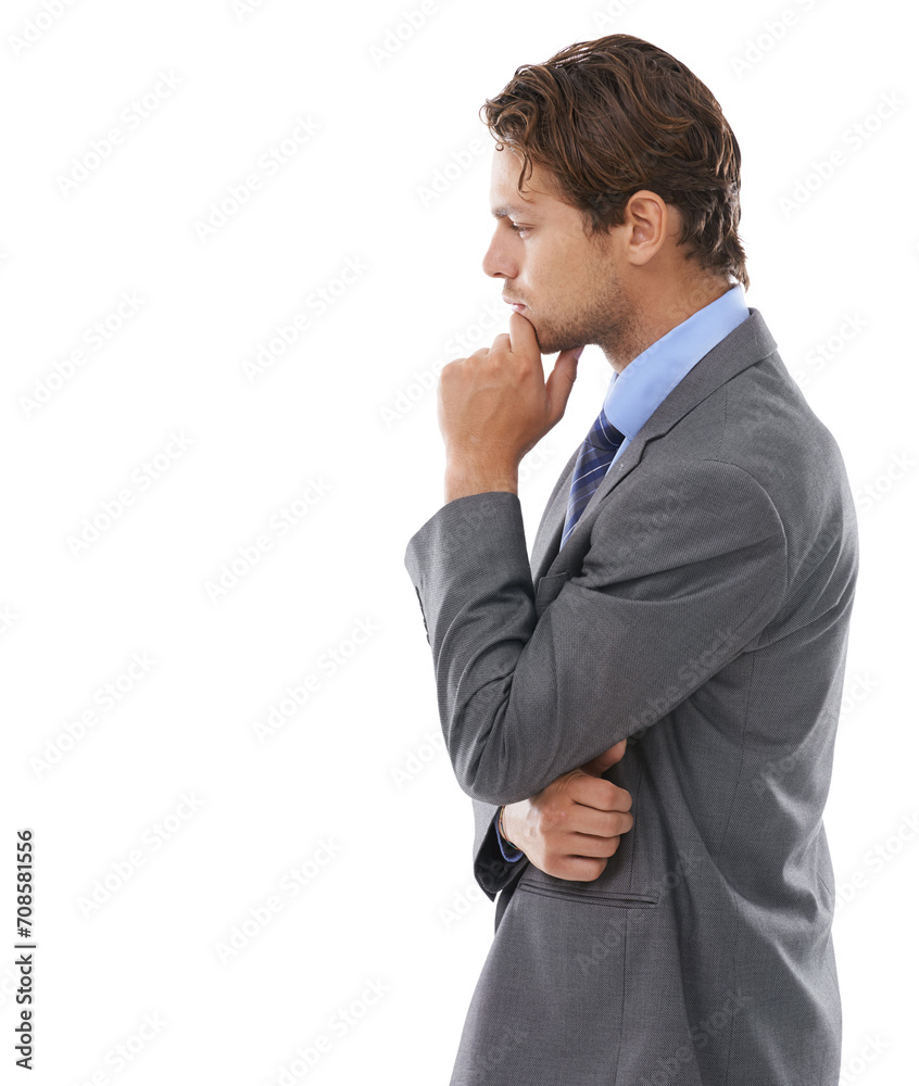 Studio profile, thinking and business man ideas for problem solving solution, corporate plan or brainstorming company development. Mockup space, work choice and agent decision on white background Studio profile, thinking and business man ideas for problem solving solution, corporate plan or brainstorming company development. Mockup space, work choice and agent decision on white background