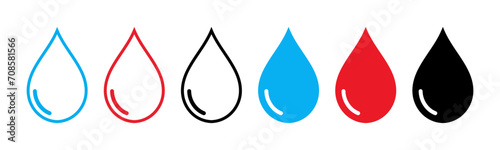 Set of simple water, blood and oil drop icon set. Blue, red and black drop icons outlined and filled isolated on white background- Vector Illustration