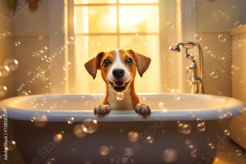 Close up of cute breed dog looks out of the bath. Sweet puppy washes and swims © DP