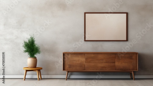 Modern Wooden Sideboard with Blank Frame Interior , Mockup Picture Frames , mock up poster frame ,Wall art mockup.