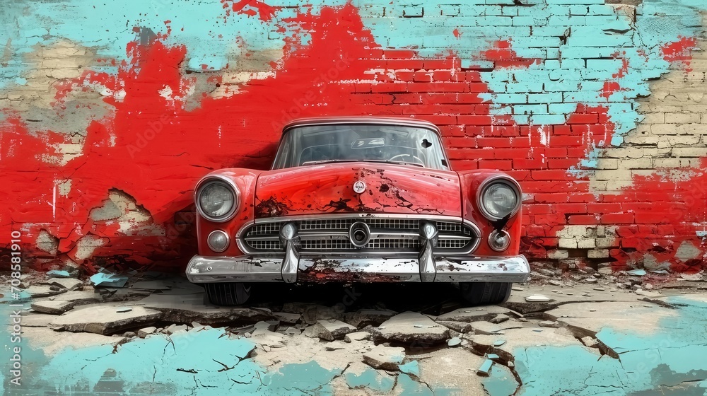 A classic car emerges from a broken wall adorned with graffiti
 - obrazy, fototapety, plakaty 