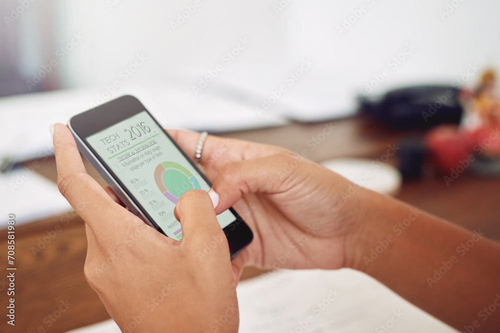 Phone, hands or designer with chart for data analytics, technology or graphs info on website. Reading analysis, target audience or worker working stats update on mobile app screen with SEO research Phone, hands or designer with chart for data analytics, technology or graphs info on website. Reading analysis, target audience or worker working stats update on mobile app screen with SEO research