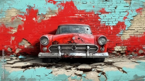 A classic car emerges from a broken wall adorned with graffiti 