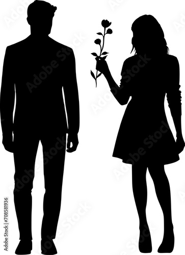 Vektor Silhouetten - Mann und Frau - Mann schenkt Blumen - Frau hält Rose in der Hand