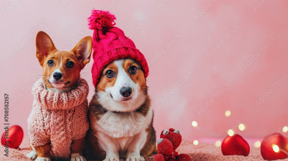 Two Corgi puppies in festive wear with Valentine's hearts Two Corgi puppies in festive wear with Valentine's hearts
