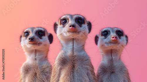 Three meerkats pose alertly against a soft pink gradient background, displaying curiosity.
