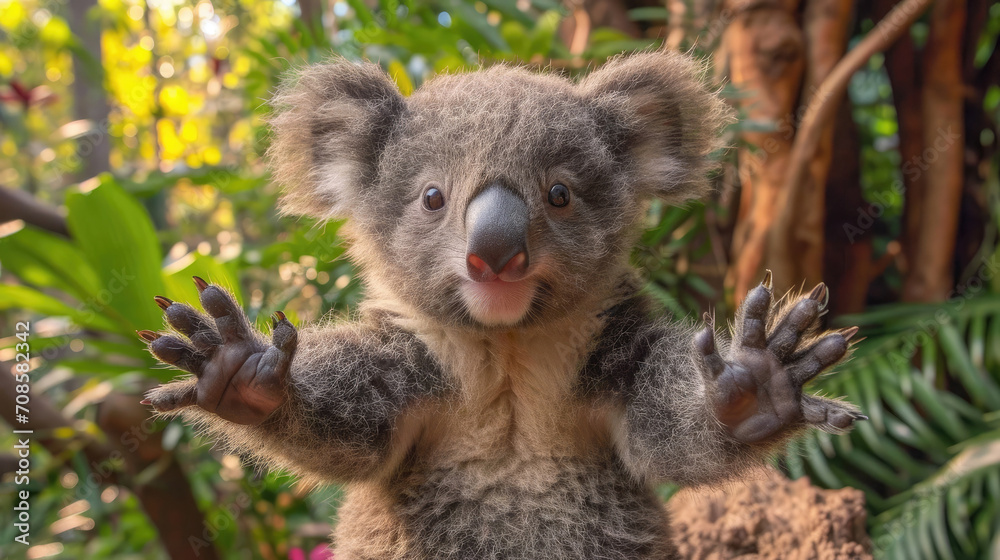 Naklejka premium Joyful koala bear waving its paws.