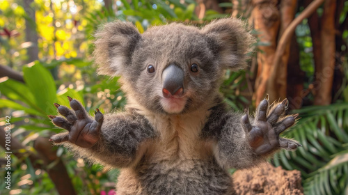  Joyful koala bear waving its paws.