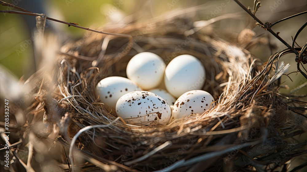 Swallows bird nest with white eggs are marked with black spots during the day with bright bokeh light