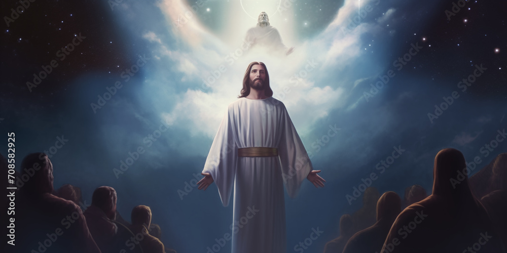 Jesus Christ returns from heaven above with followers and God almighty watching on - obrazy, fototapety, plakaty 