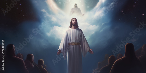 Jesus Christ returns from heaven above with followers and God almighty watching on