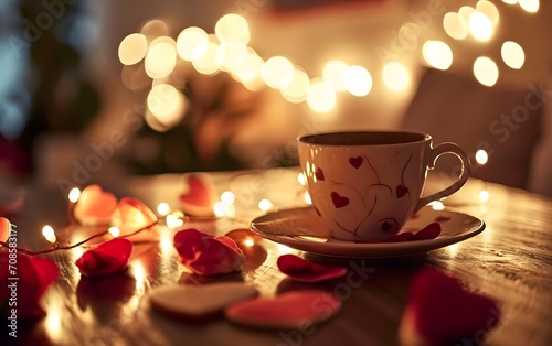 Cup of coffee and hearts on wooden table in room decorated with lights.