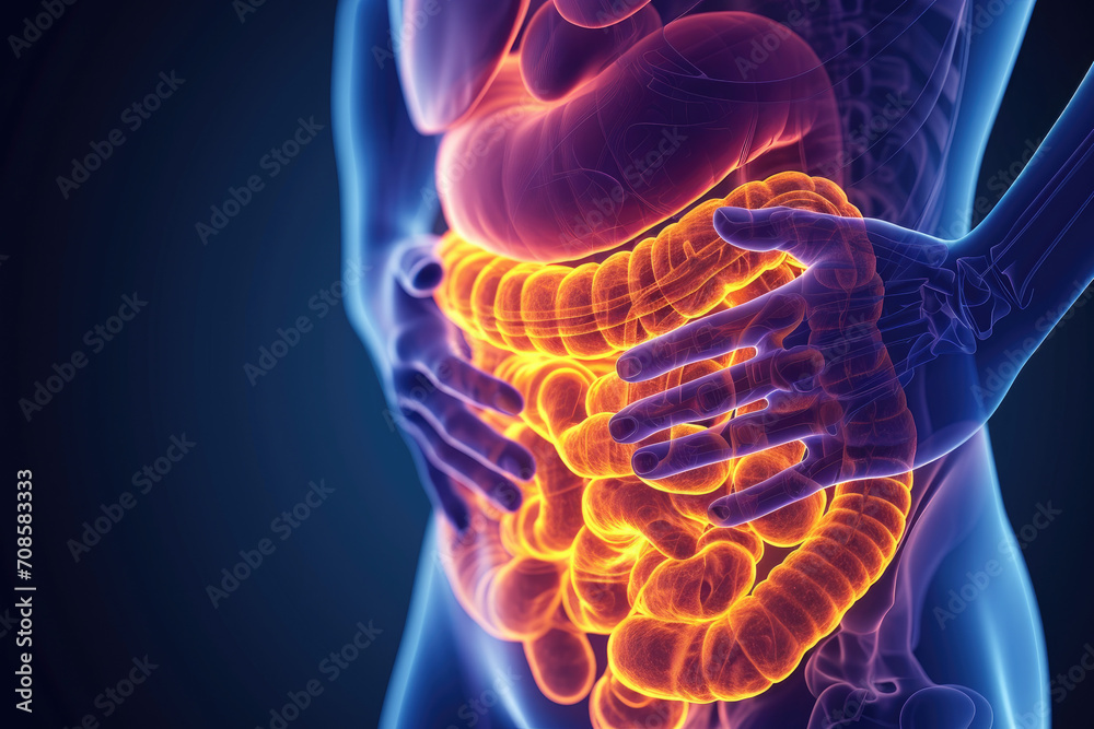 Man with stomachache, intestinal x-ray illustration Man with stomachache, intestinal x-ray illustration