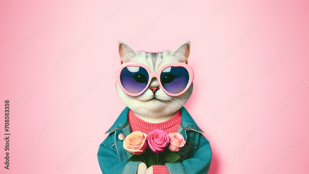 Cute funny cat holding with bouquet of roses in Valentine’s day concept.