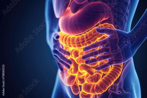 Man with stomachache, intestinal x-ray illustration