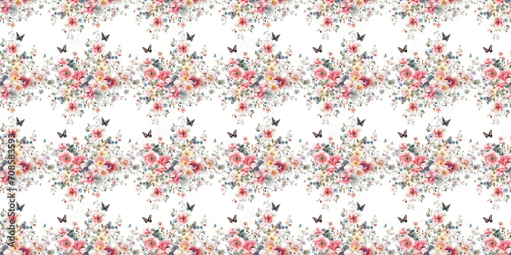 Lots of flowers. Floral and small butterfly. White background. Chinese painting style. Generative AI