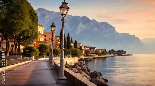 City of Riva del Garda by Garda lake in Italy. View from the promenade to see in the early morning