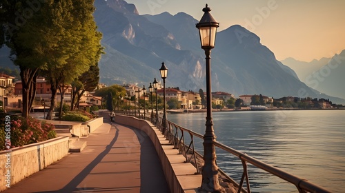 City of Riva del Garda by Garda lake in Italy. View from the promenade to see in the early morning