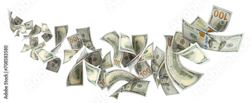 Flying 100 American dollars banknotes, cut out photo