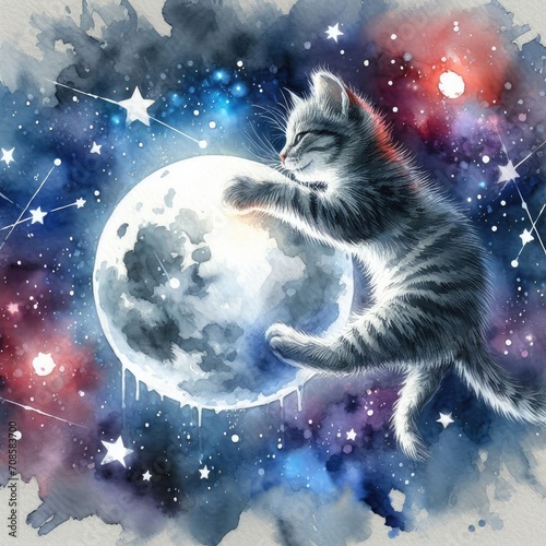 Watercolor Cat and Moon. Watercolor style illustration AI	