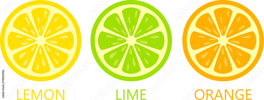 Citrus fruit icons, lemon lime and orange slice
