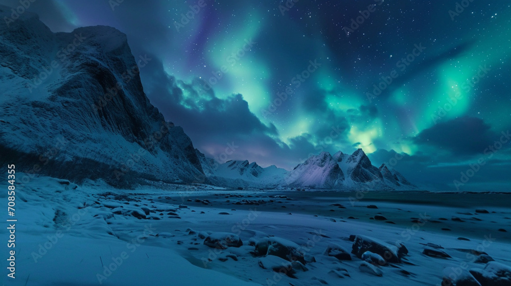 雪山の緑と紫のオーロラGenerativeAI