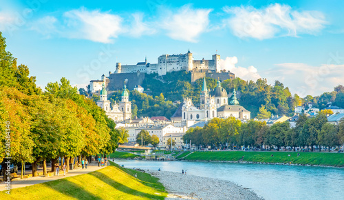 Scenic view of Salzburg old town and Hohensalzburg Castle, Austria