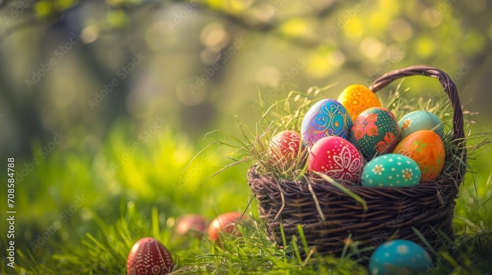 Colorful Easter Eggs in a Basket on a Lush Green Field Colorful Easter Eggs in a Basket on a Lush Green Field